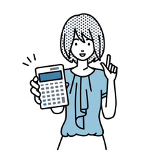 立って電卓を持ってこちらに向けて見せているオフィスカジュアルの女性