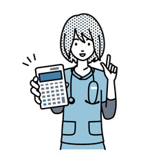 立って電卓を指差してこちらに向けて見せている看護師の女性