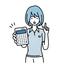 立って電卓を指差してこちらに向けて見せているポロシャツの女性