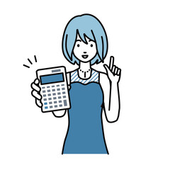 Fototapeta premium 立って電卓を指差してこちらに向けて見せているドレスの女性
