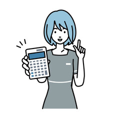 立って電卓を持ってこちらに向けて見せているエステ店員・受付・接客係の女性