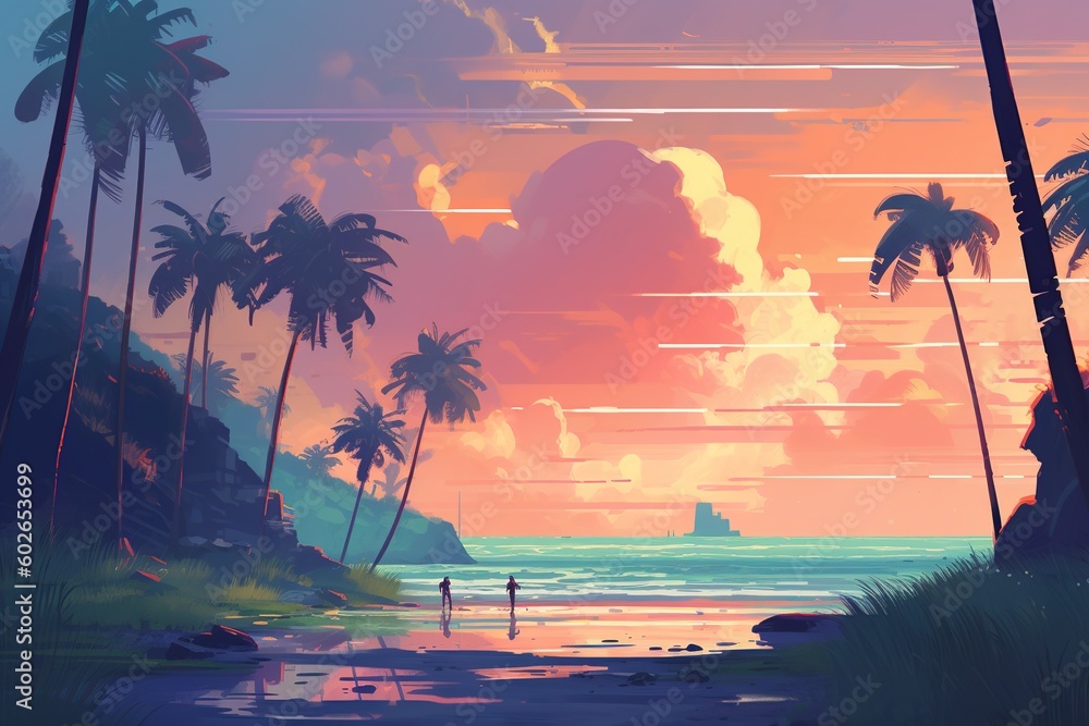 Poster a picture depicting a beach with palm trees generative ai
