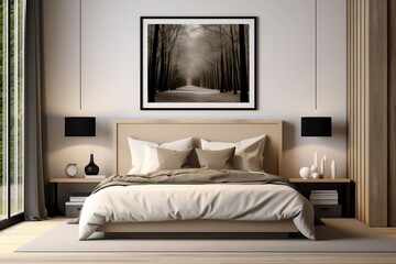 Modern Luxury Bedroom with White Poster Frame and Wooden Bed, Ai Generated.