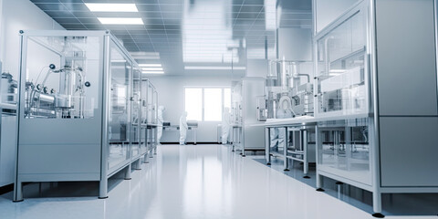 Pharma, pharmaceautical clean room, industrial design for large scale chemical production in controlled sterile conditions, generative AI industrial interior, panoramic banner. - obrazy, fototapety, plakaty