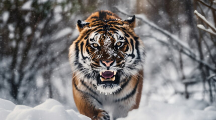 Close up Siberian tiger, young male in snowy, freezing cold, walking directly at camera in deep snow. Tiger in natural taiga environment, winter. Big cat in winter forest. Generative AI