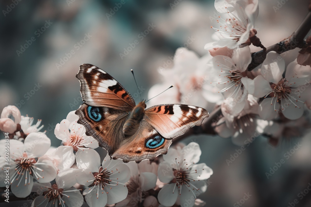 Poster a butterfly with blue eyes perched on a limb of a tree that's just starting to bloom. generative ai