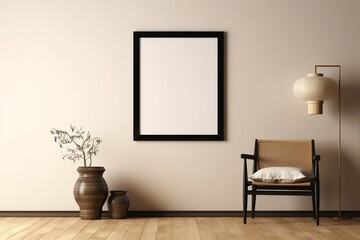 Fototapeta na wymiar Vintage Asian Chair and White Poster Frame on Beige Wall, Ai Generated