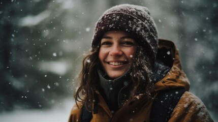 Fototapeta na wymiar Beautiful woman smiling in warm jacket in snowy mountains. Generative AI