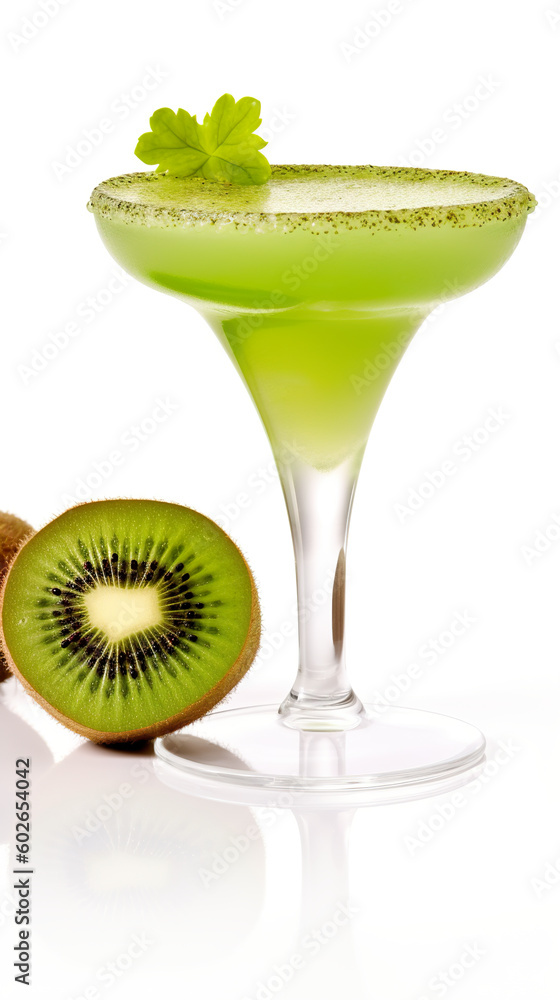 Poster a kiwi margarita mocktail drink with a slice of kiwi next to it. ai generative.