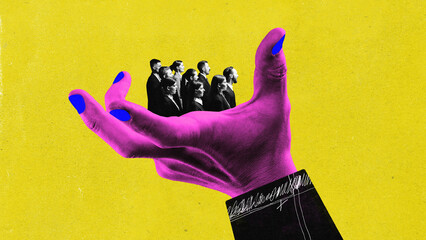 Contemporary art collage with male hand holding group of people, team over yellow color background....