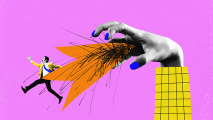 Contemporary art collage with giant hand wants to scare office clerk over pink background. Concept of business, career, physical and mental pressure