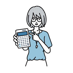 立って電卓を指差してこちらに向けて見せている教師の女性