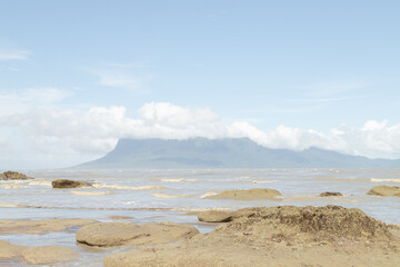 Cliff in Bako national park, sunny day, blue sky and sea. Vacation, travel, tropics concept