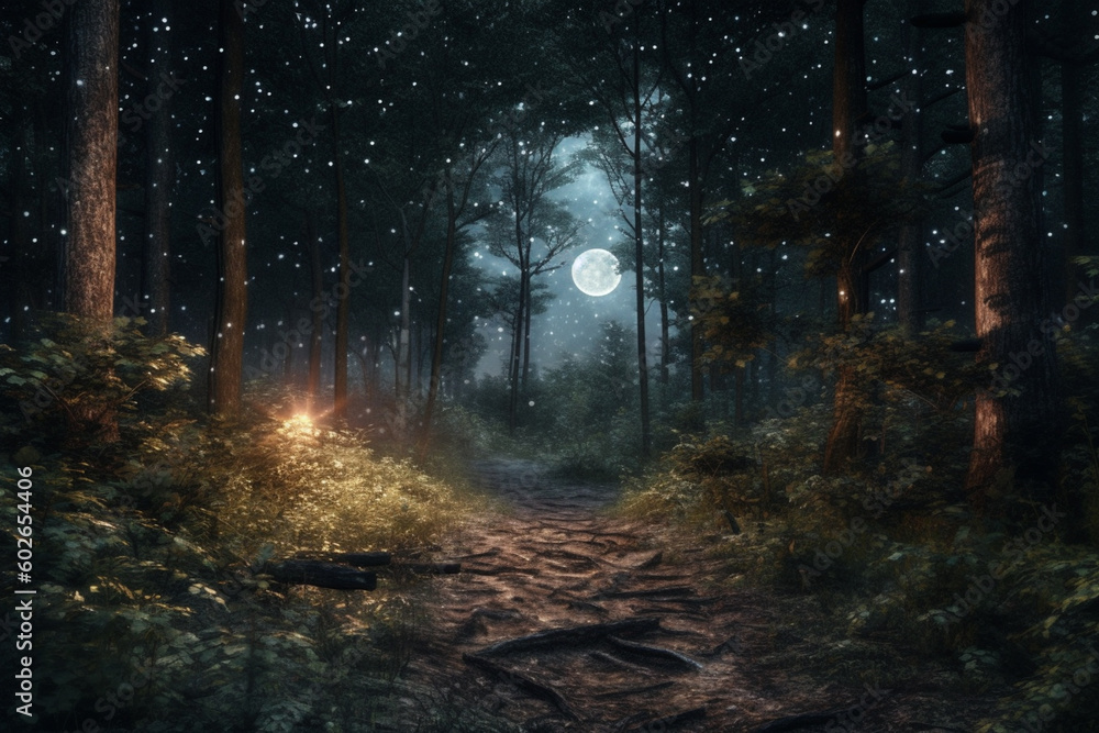 Poster A dreamy forest with a glowing full moon and stars peeping through the branches. Generative AI technology