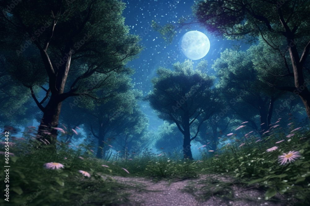 Aufkleber a dreamy forest with a glowing full moon and stars peeping through the branches. generative ai techn