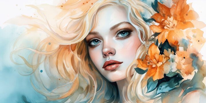 Watercolor young woman with flowers portrait art. Colorful creative watercolor illustration. Generative Ai