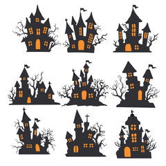 silhouette of vampire castle Scary ghost house on Halloween night.