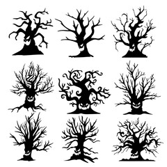 dry tree silhouette Ghost tree with scary devil face for Halloween card decoration