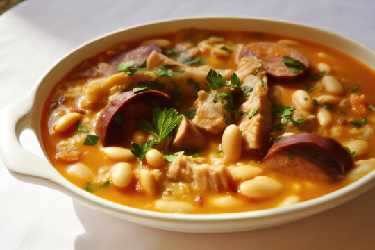  Authentic Taste of Porto - Portugal. Experience the iconic Tripas &agrave; Moda do Porto, a hearty dish of tripe, sausages, beans, and vegetables. white background. AI Generative