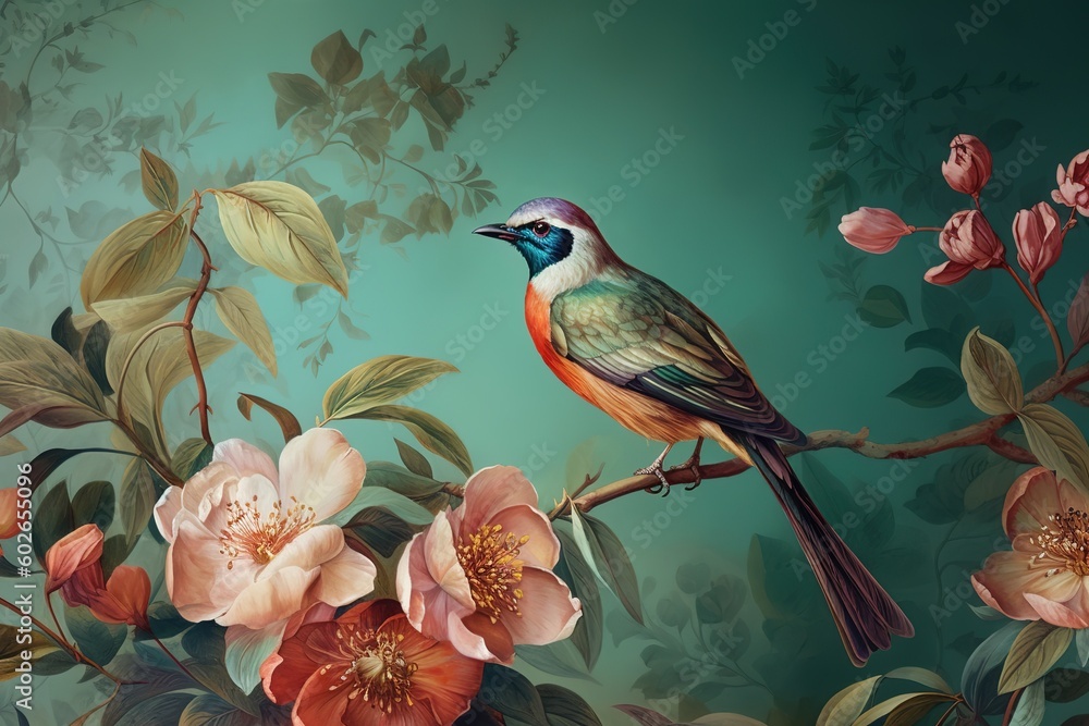 Aufkleber an image depicting a bird perched on a branch surrounded by flowers generative ai