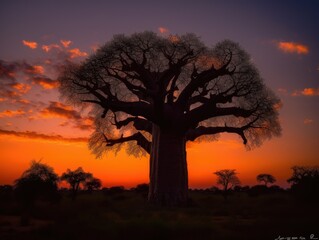 Baobab Tree Silhouetted Against the African Sunset - AI Generated