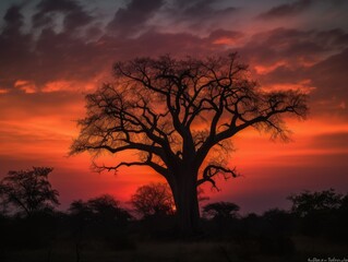 Fototapeta na wymiar Baobab Tree Silhouetted Against the African Sunset - AI Generated