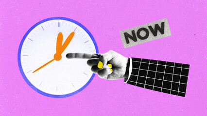 Contemporary art collage with human hand near big clock pointing on time over pink studio...