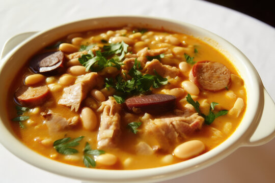  Authentic Taste of Porto - Portugal. Experience the iconic Tripas &agrave; Moda do Porto, a hearty dish of tripe, sausages, beans, and vegetables. white background. AI Generative