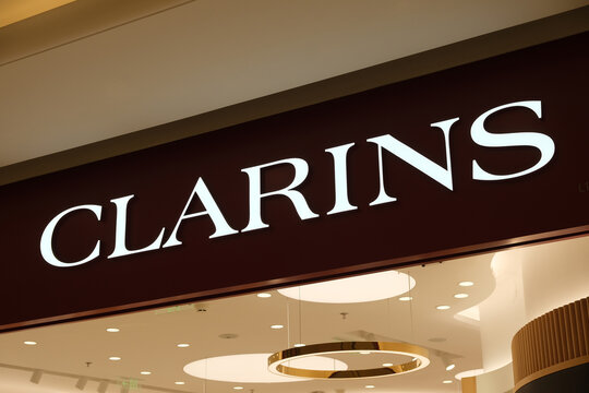 Shanghai,China-Dec. 18th 2022: close up Clarins store brand logo. French cosmetics company
