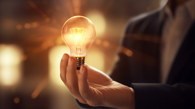 Shining light bulb on businessman hand, idea concept created with Generative AI
