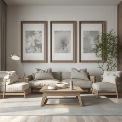 3 Equal Wood Frames in a Beautiful Living Room With a Neutral Color Scheme.