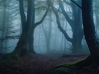 Mystical Forest in Thick Morning Fog - AI Generated