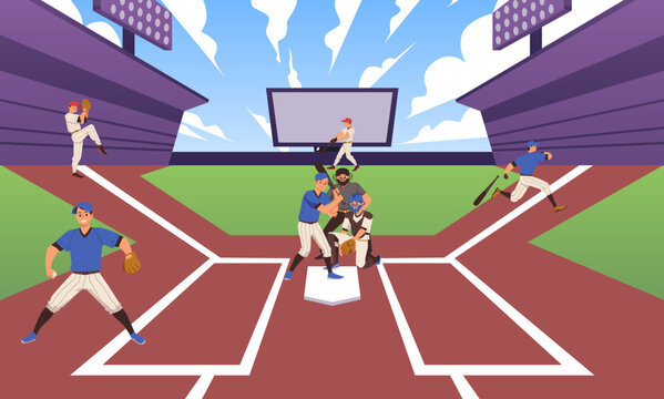 Baseball players on field playing, cartoon flat vector illustration.