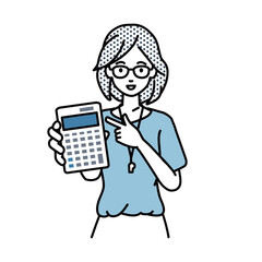 立って電卓を指差してこちらに向けて見せている教師の女性