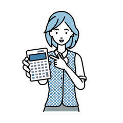 立って電卓を指差してこちらに向けて見せている事務員制服の女性