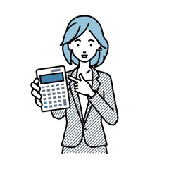 立って電卓を指差してこちらに向けて見せているスーツの女性