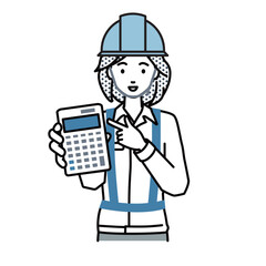 立って電卓を指差してこちらに向けて見せている工事現場の女性