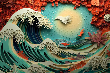 World Ocean Day with ocean and sea creature. Paper Art Style. Generative Ai