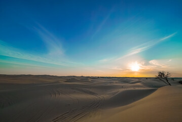 Fototapeta na wymiar ドバイの砂漠に沈む夕日