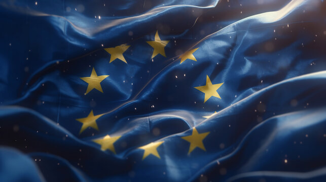 realistic close-up illustration of European Union silk flag blowing in the wind and sparking, created by AI