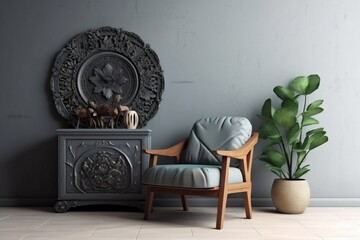 Vintage Asian Cabinet with Retro Armchair and Monstera Plant, Ai Generated.