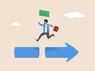 Wrong direction concept. Leadership decision to be difference or opposite lead to mistake. Mislead or false to get lost. Confused businessman running in wrong opposite direction of trend arrow.