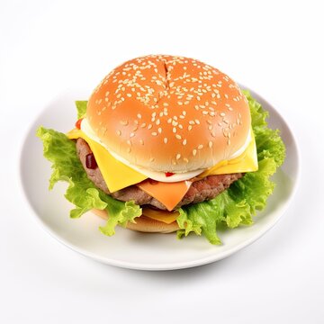Tasty Homemade Cheeseburger on Isolated White Plate - Perfect Fast Food Meal. Generative AI