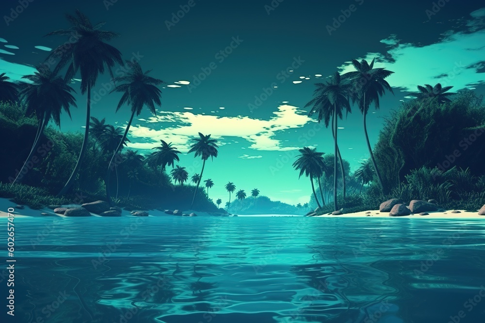 Poster a picture depicting a beach in a tropical setting with palm palms generative ai