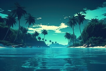 Fototapeta na wymiar a picture depicting a beach in a tropical setting with palm palms Generative AI
