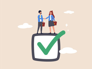 Accountability or engagement concept. Commitment, promise or agreement to deliver or finish work, leadership skill or trust on work responsibility. Businessman handshake on tick completed checkbox.