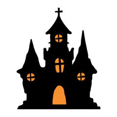 silhouette of vampire castle Scary ghost house on Halloween night.