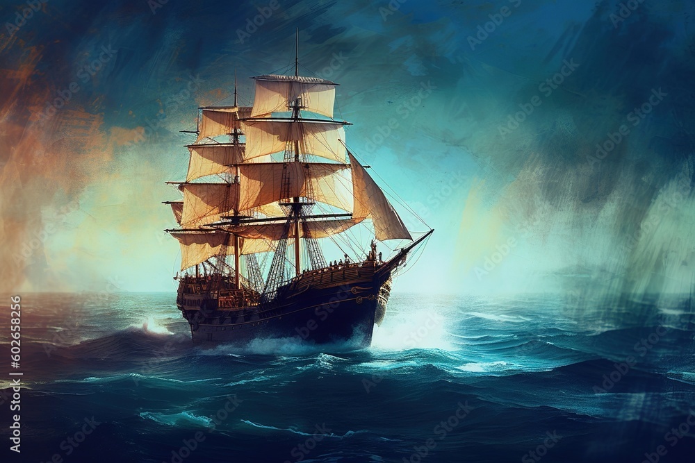 Poster an image depicting a sailing vessel in the middle of the sea generative ai