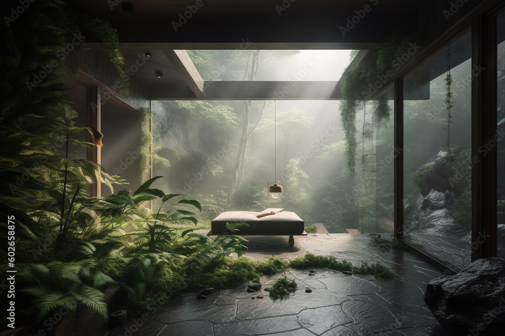 Poster a space that has a bed in addition to some plants. generative ai