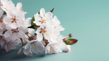 Beautiful cherry blossom on color background, closeup. Space for text. Generated AI